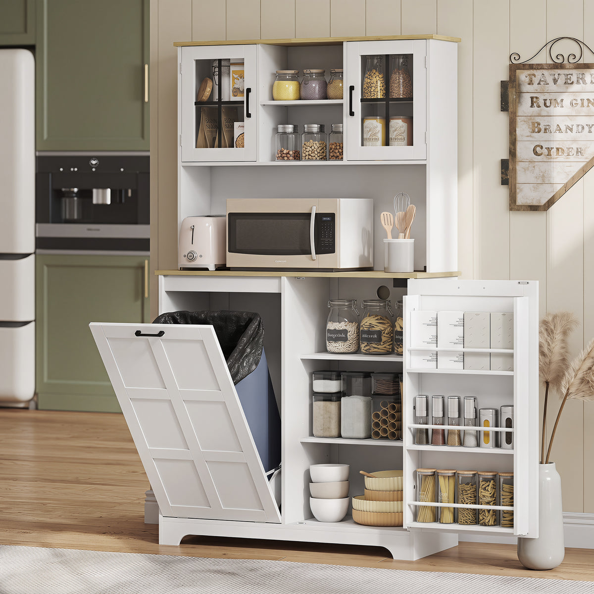 HOMCOM 175cm Tall Kitchen Cabinet With Rubbish Bin, White