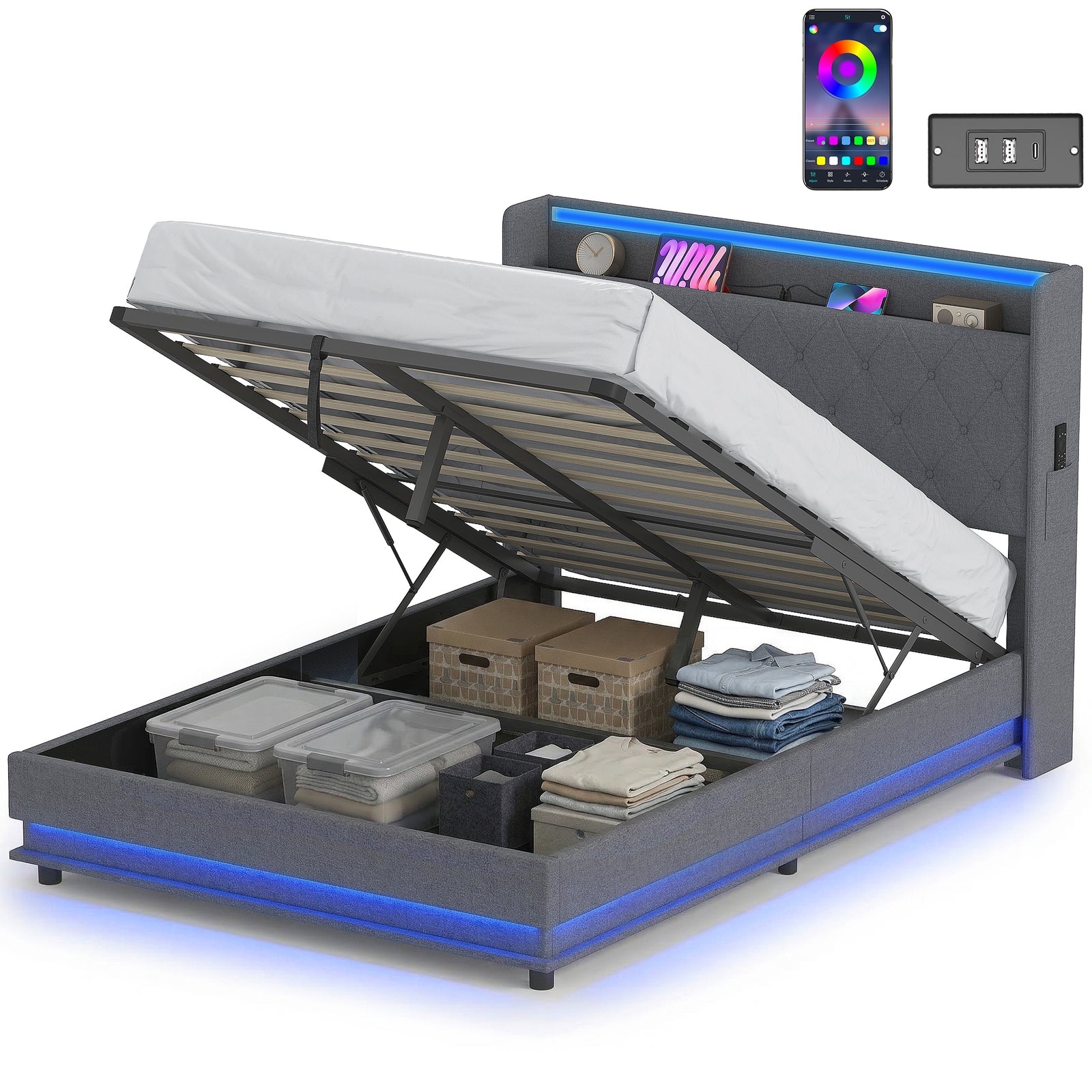 Lift Up Storage Bed Frame With Rgb Led Lights | 4.5ft | Dark Grey