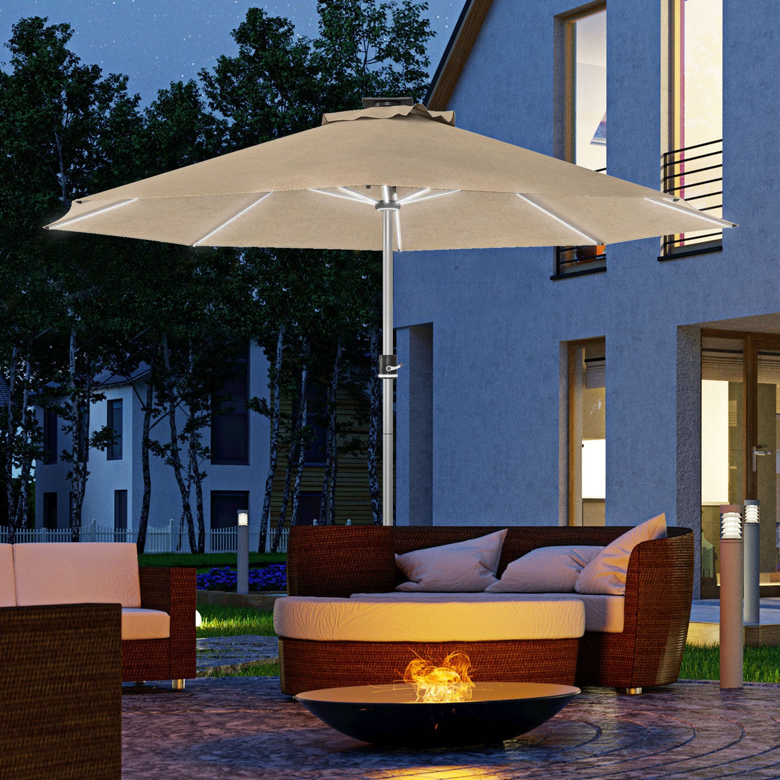 Garden Parasol W/ Usb & Solar Led Lights, Crank Handle | Khaki