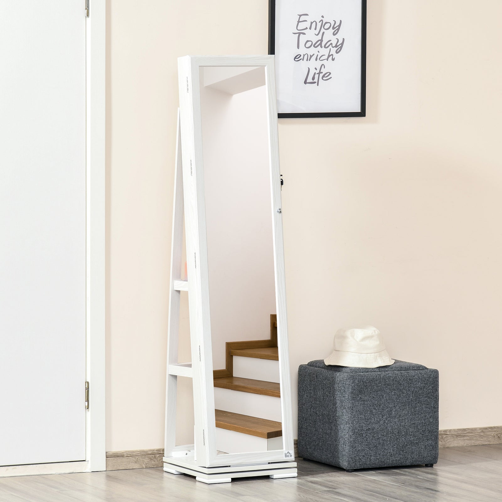 Jewelry Cabinet Full Length Mirror 360° Swivel Lockable | One Size | White