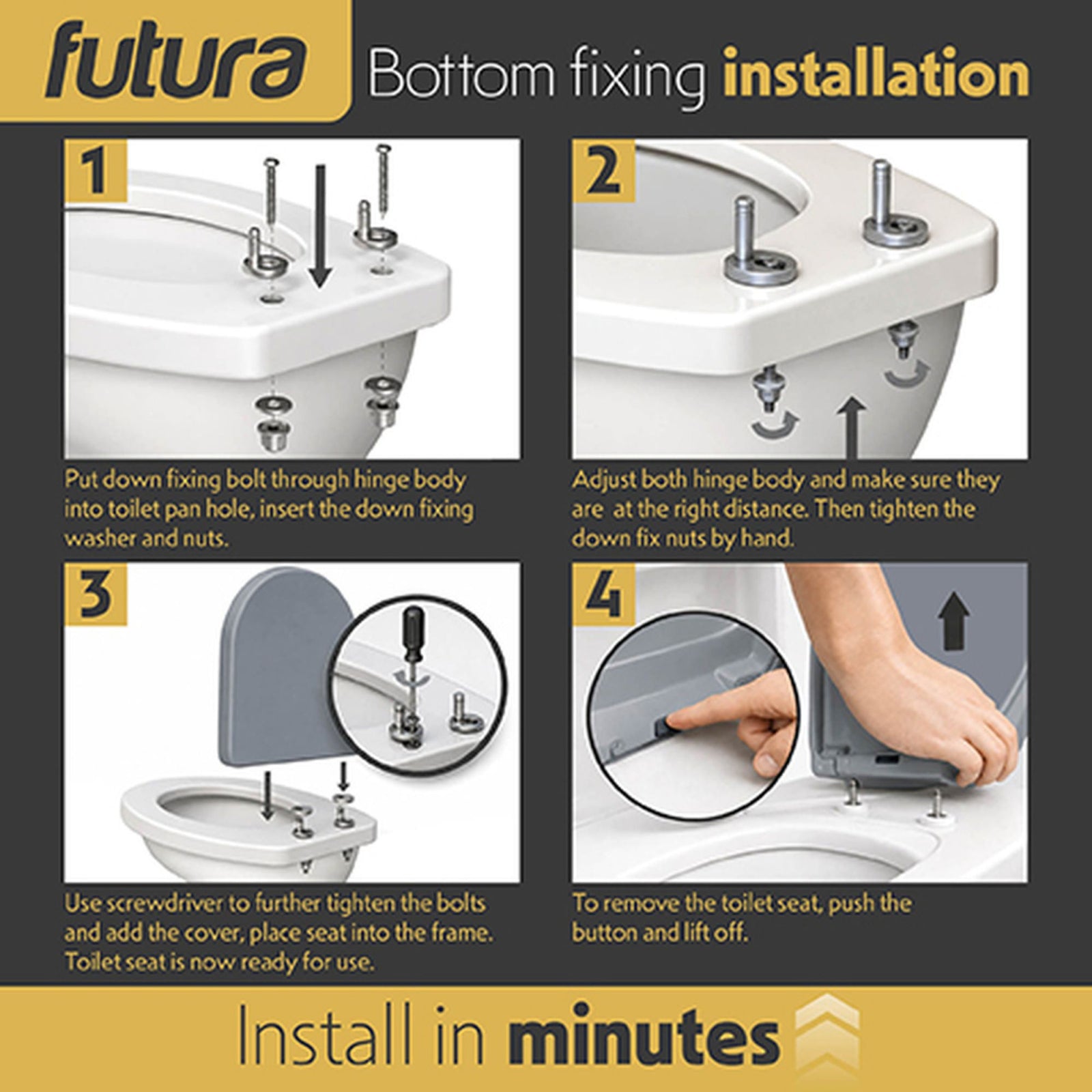 Toilet Seat Soft Close D Shape, Premium Thermoplastic, Quick Release, Top & Bottom Fixings | Grey