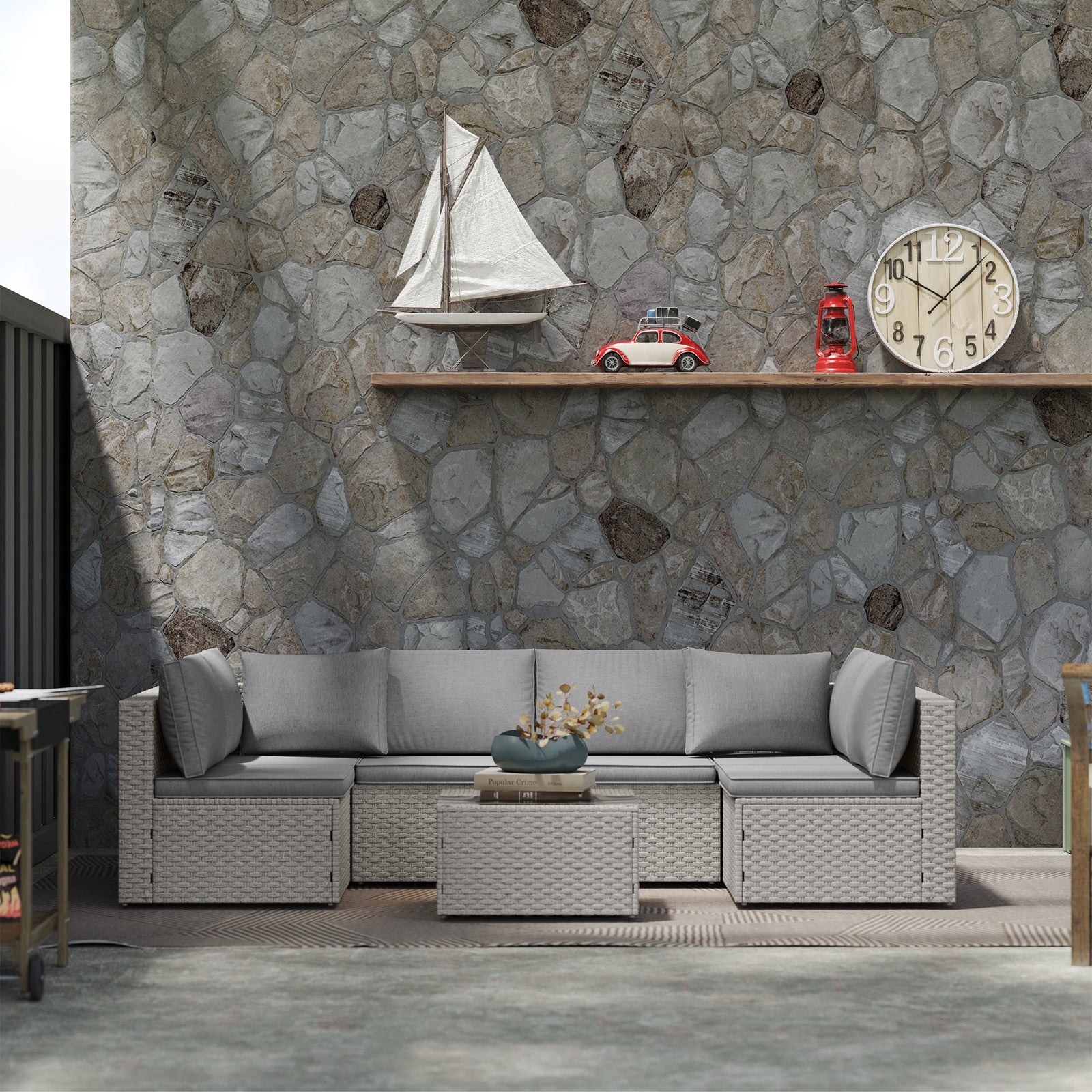 Outsunny 7 Piece Rattan Set, 6 Seater Corner Sofa