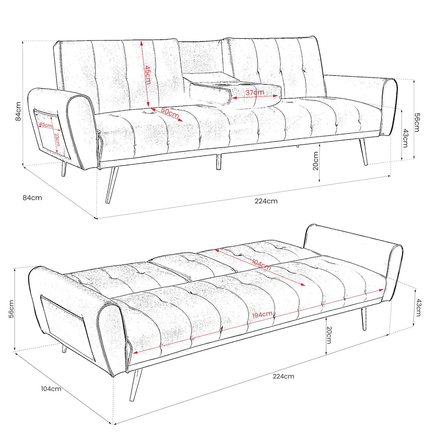 Faux Leather Sofa Bed With Cup Holders - 3 Seater | Grey