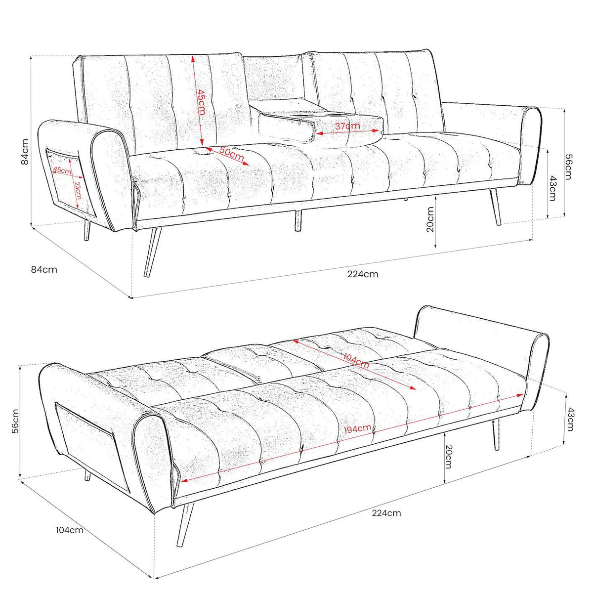 Lora Faux Leather Sofa Bed 3 Seater | Light Grey