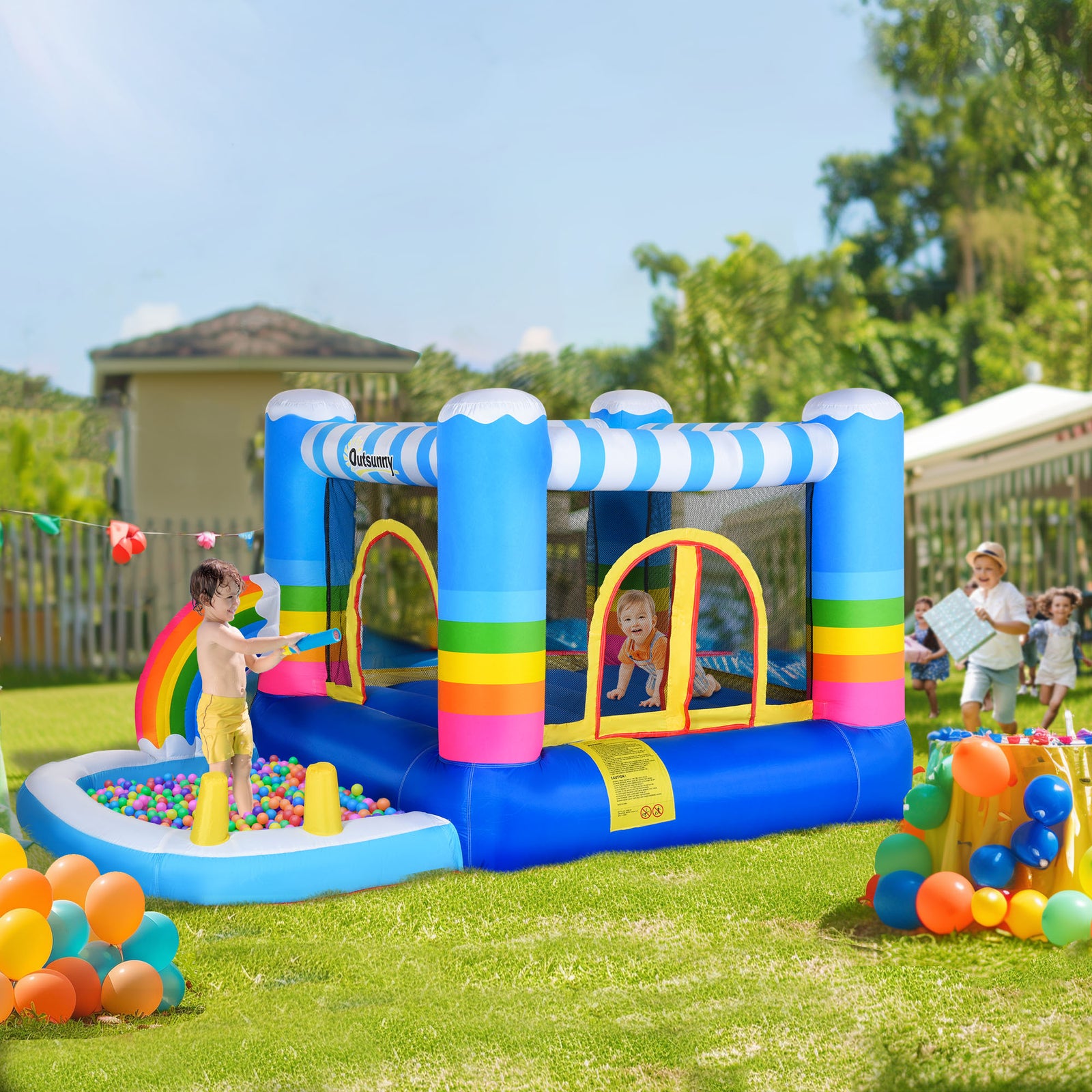 Kids Bouncy Castle With Pool Outdoor Trampoline W/ Net Blower 3-8 Yrs