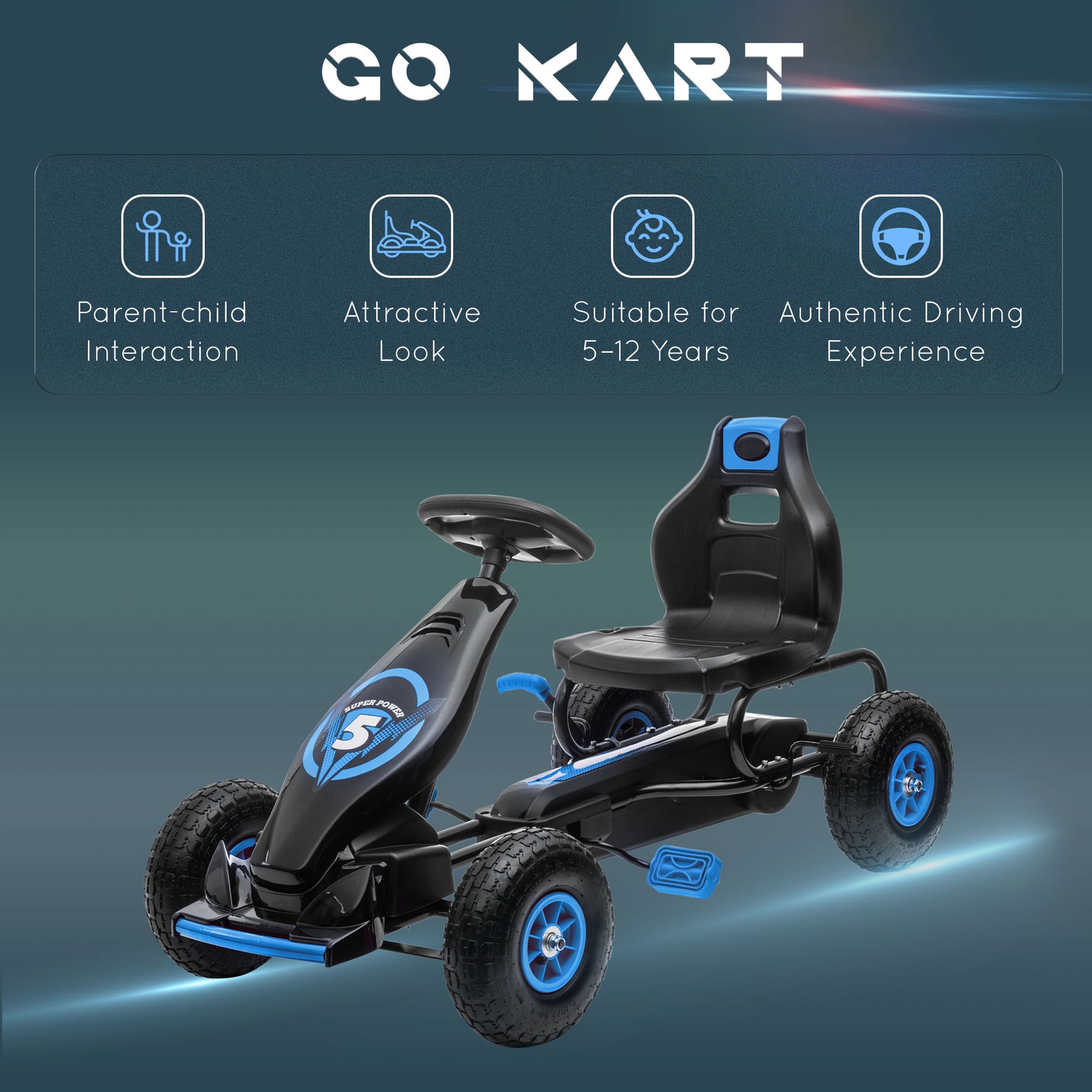 Pedal Kart W/adjustable Seat, Rubber Wheels | Blue