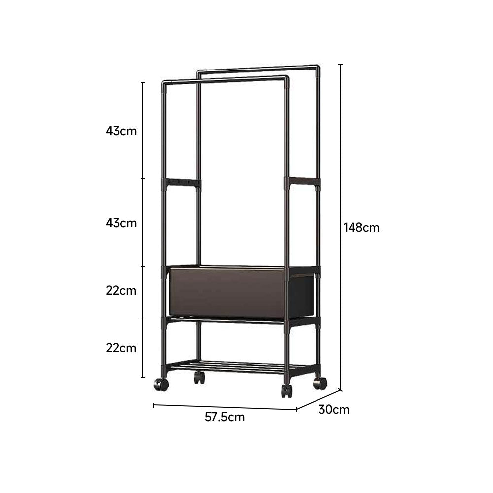 Double Rod Metal Clothes Rack On Wheels | Large | Black