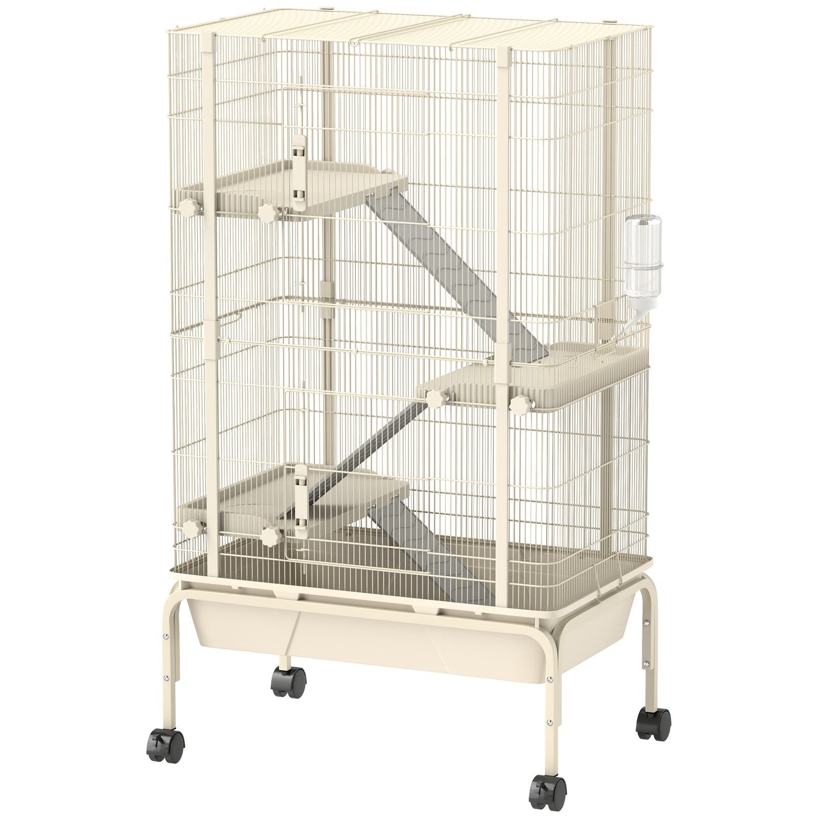 4 Levels Rolling Small Animal Cage With 3 Ramps, Water Bottle, Food Dish, Beige