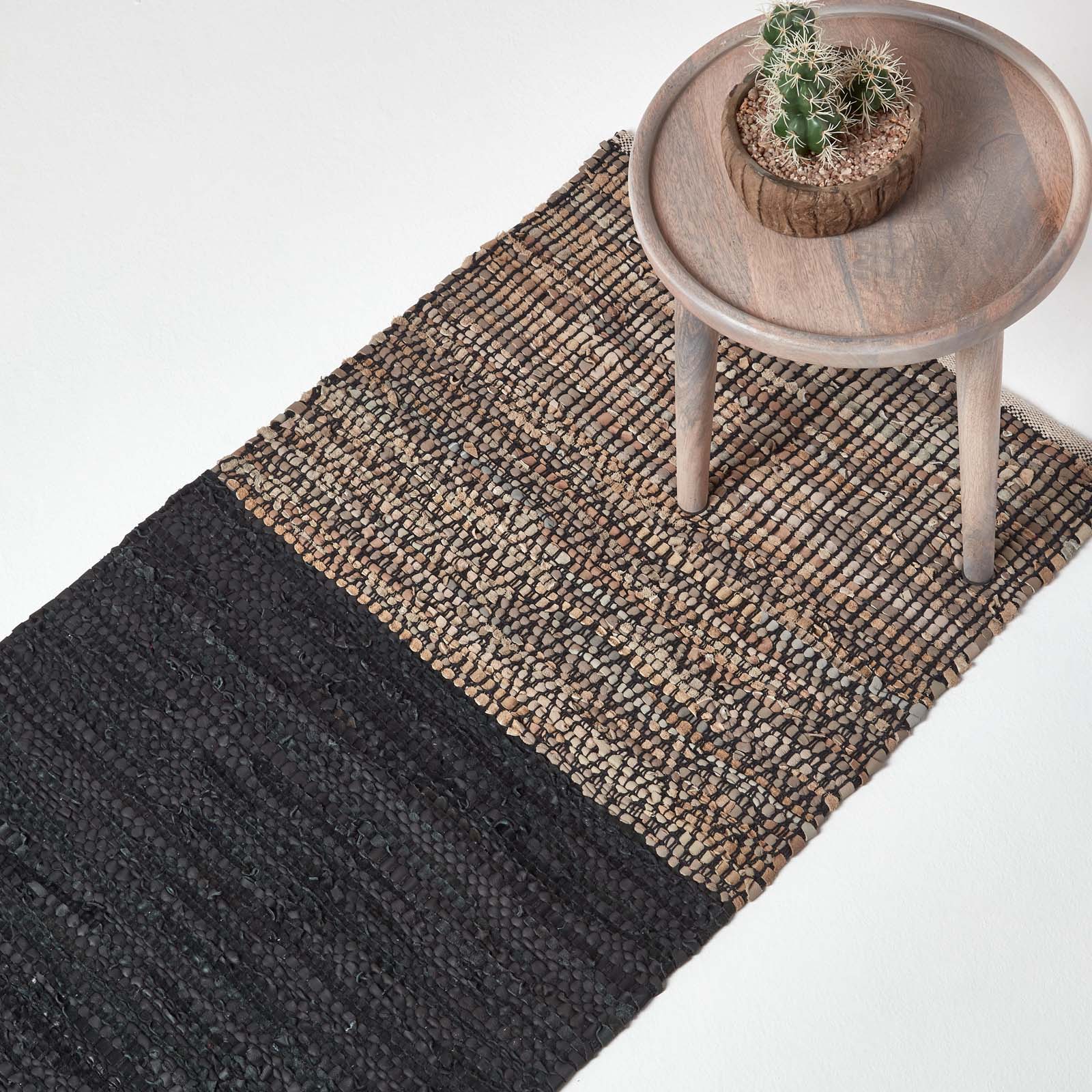 Recycled Leather Handwoven Herringbone Rug | 200cm | Black