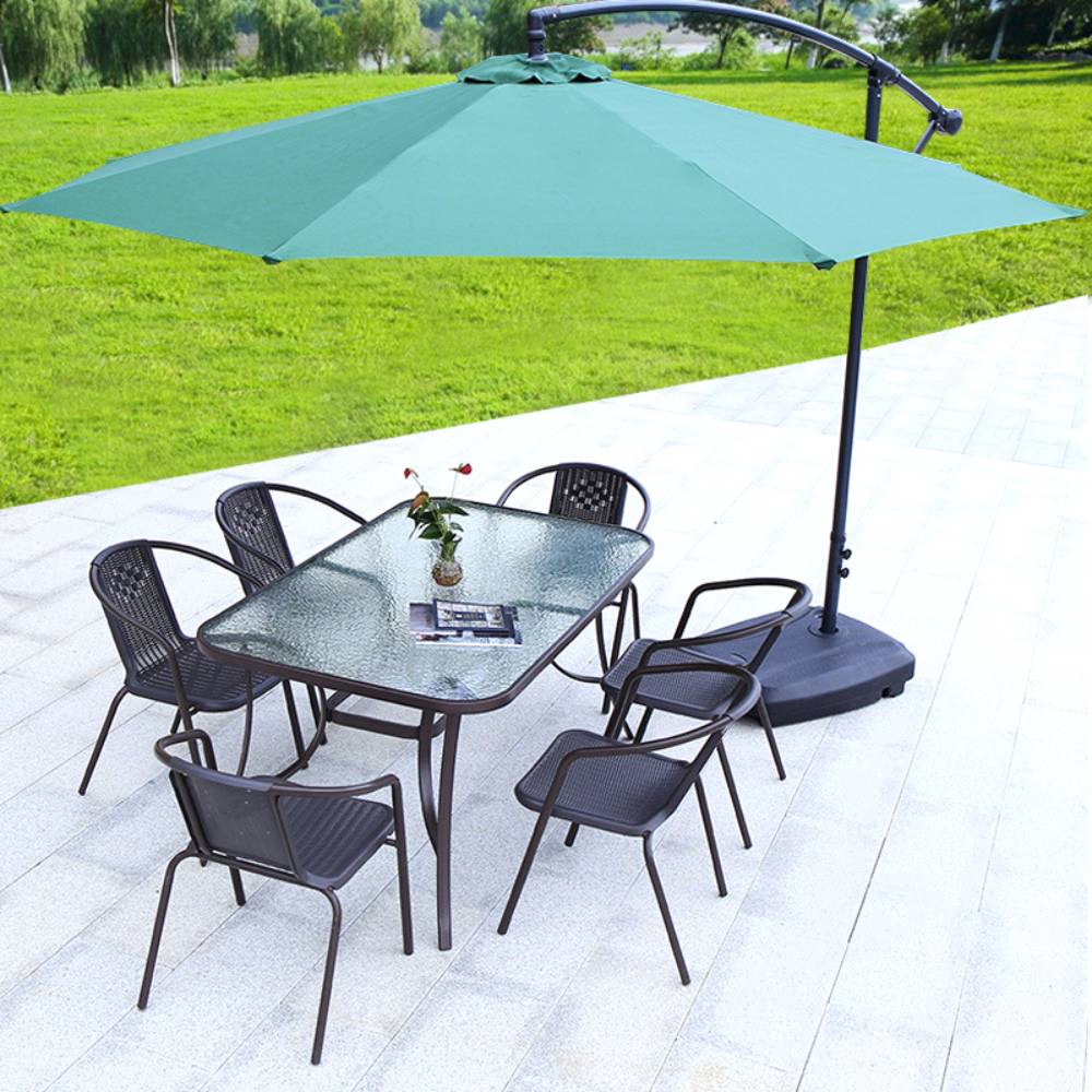7 Pcs Garden Dining Set Tempered Glass Outdoor Coffee Table And Rattan Chairs Set