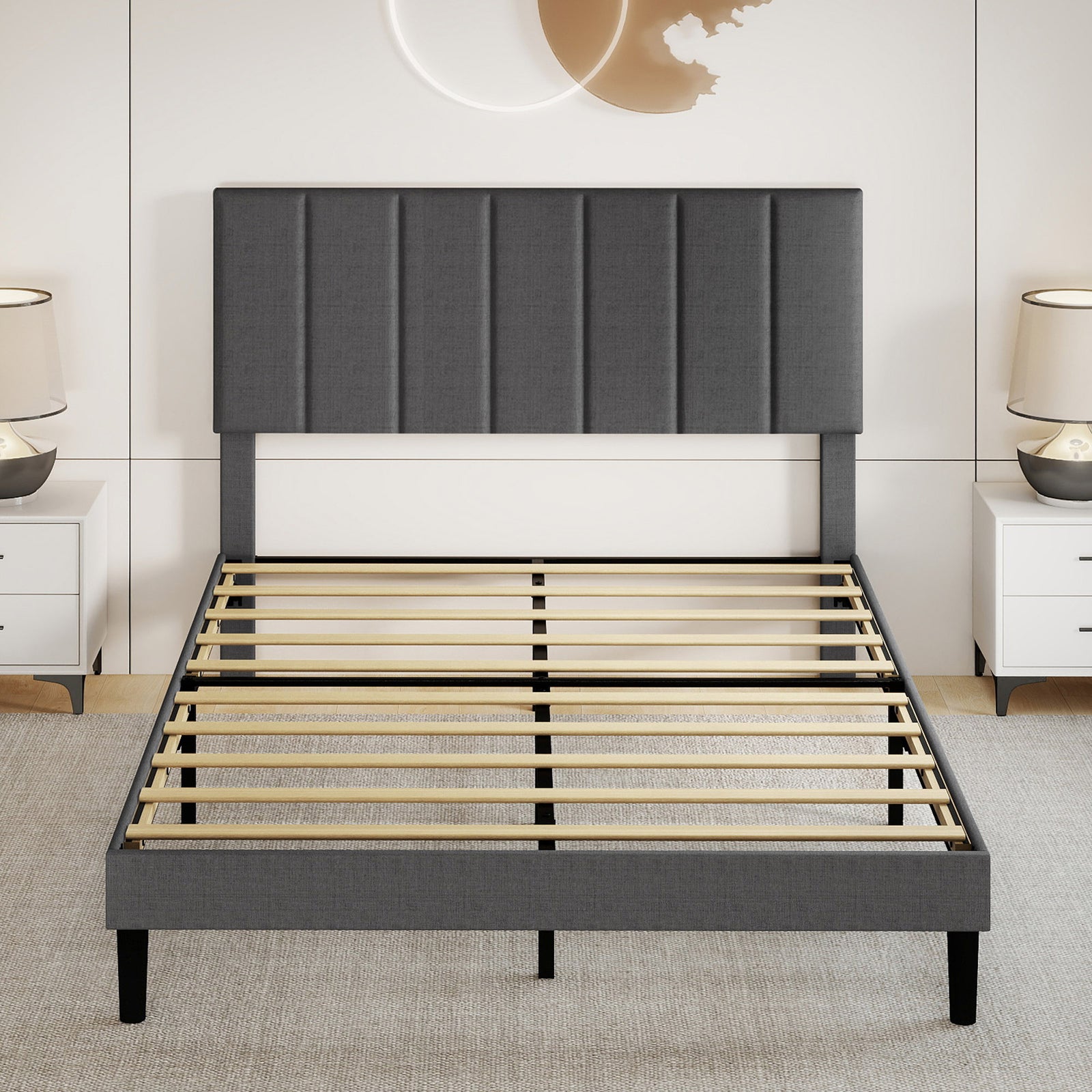Upholstered Linen Bed Frame With Foam Headboard | Small Double | Dark Grey