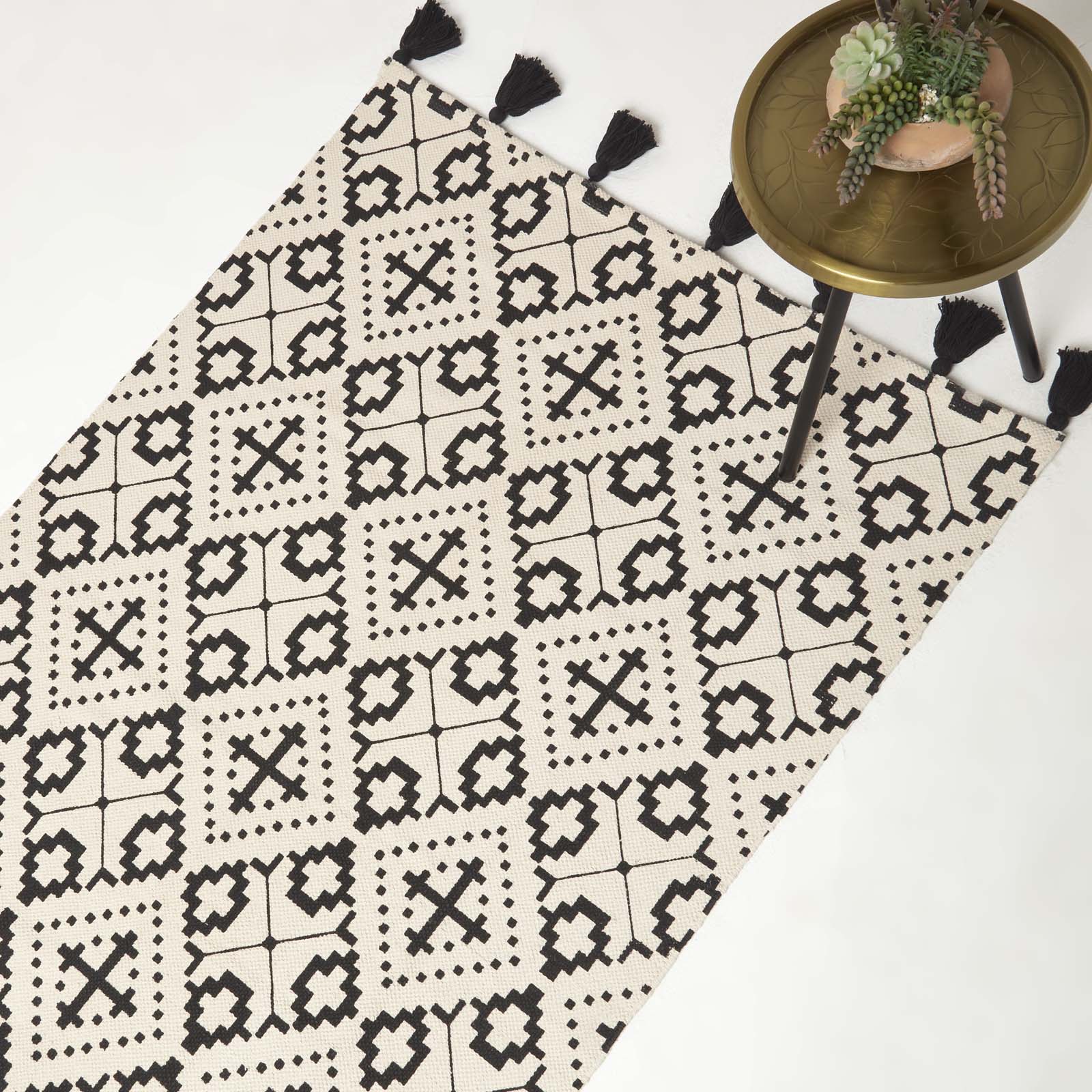 Reva Black & White Cotton Geometric Rug | 120cm x 180cm | Black & White