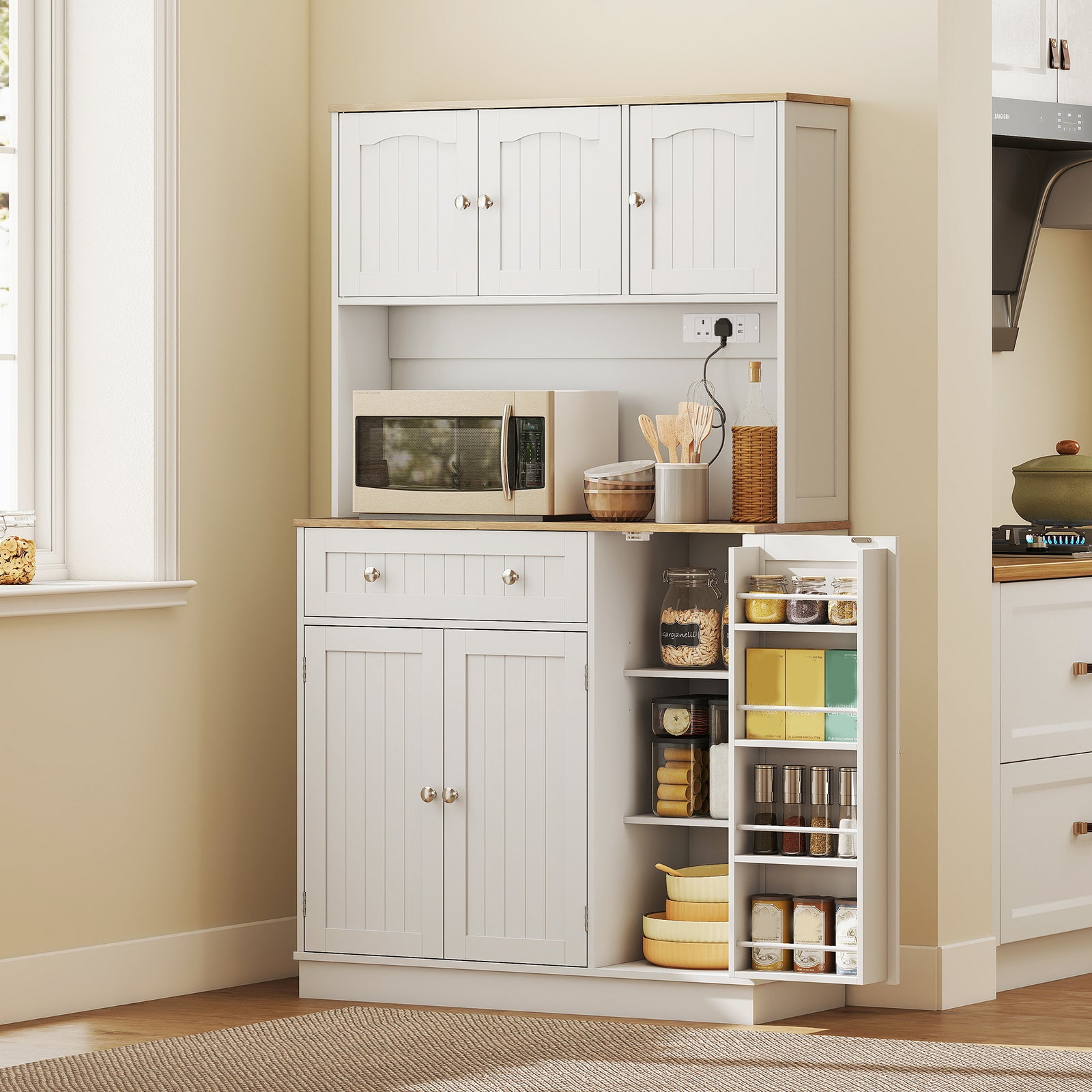Pantry Storage Cabinet With Adjustable Shelves And 4 Door Racks | White