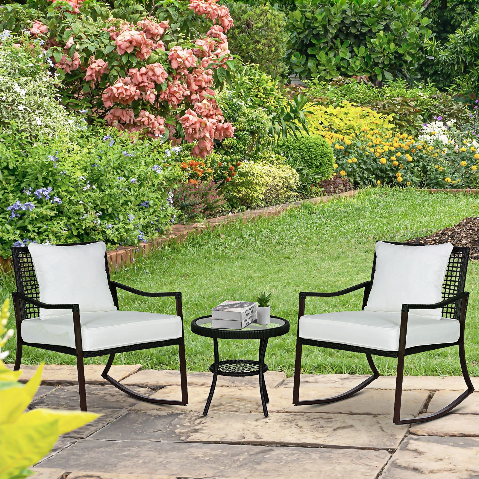 3-piece Rocking Bistro Set, Rattan Wicker, Brown
