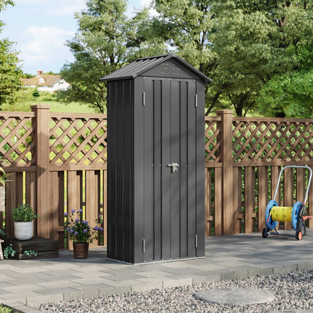 Metal Garden Storage Cabinet 2.7×1.9 Ft Apex Roof Shed With Adjustable 2 Shelves &  Lockable Double Doors | Grey