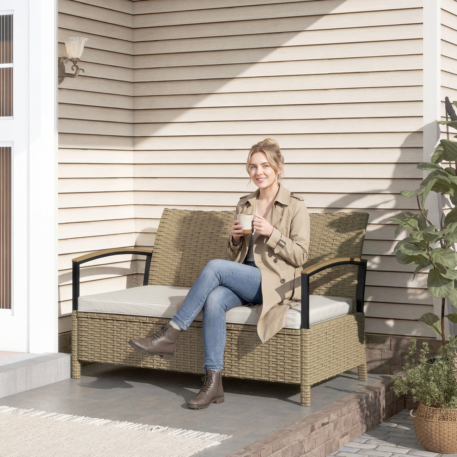 125l Garden Storage Bench, 2 Seater Pe Rattan Outdoor Bench | Khaki