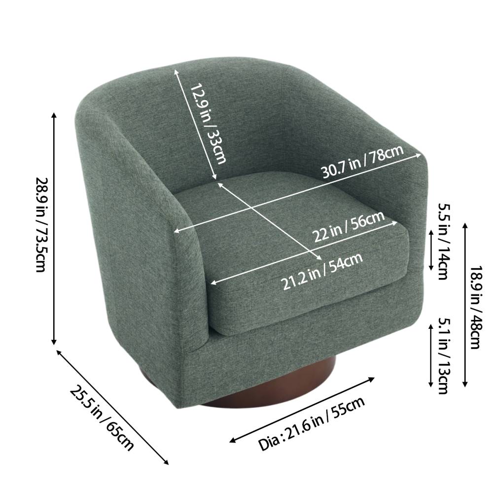 Modern Swivel Accent Chair With Linen Upholstery, Barrel Back Design, 360° Rotating Base, Foam Cushioned Seat & Wooden Frame