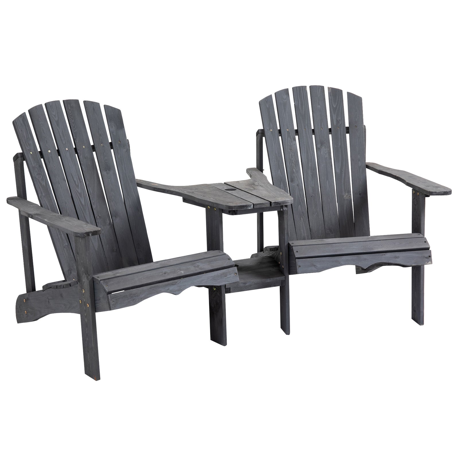Wooden Double Adirondack Chair W/ Table & Umbrella Hole | Dark Gray