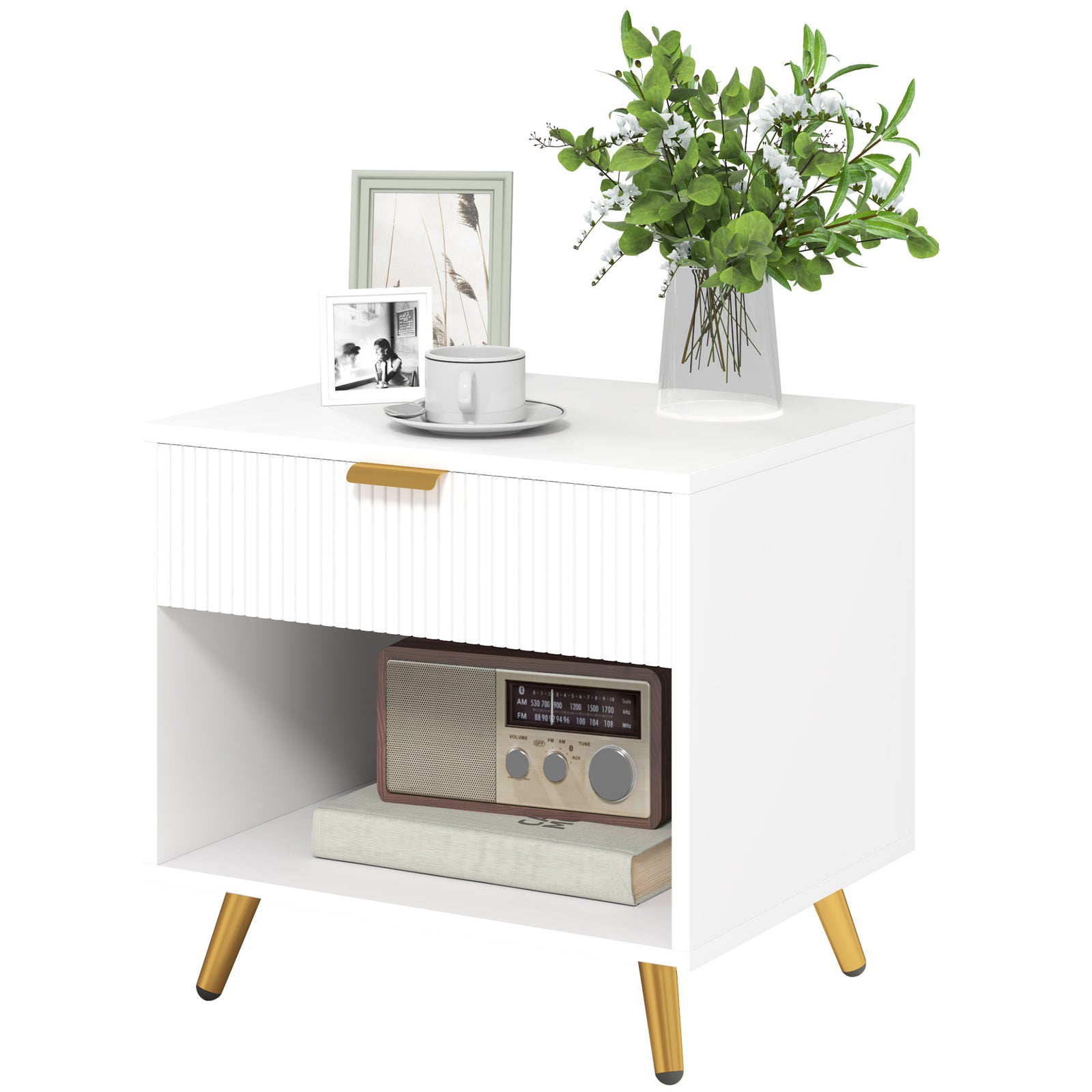 Small Table With Drawer, Open Compartment And Handle | One Size | White