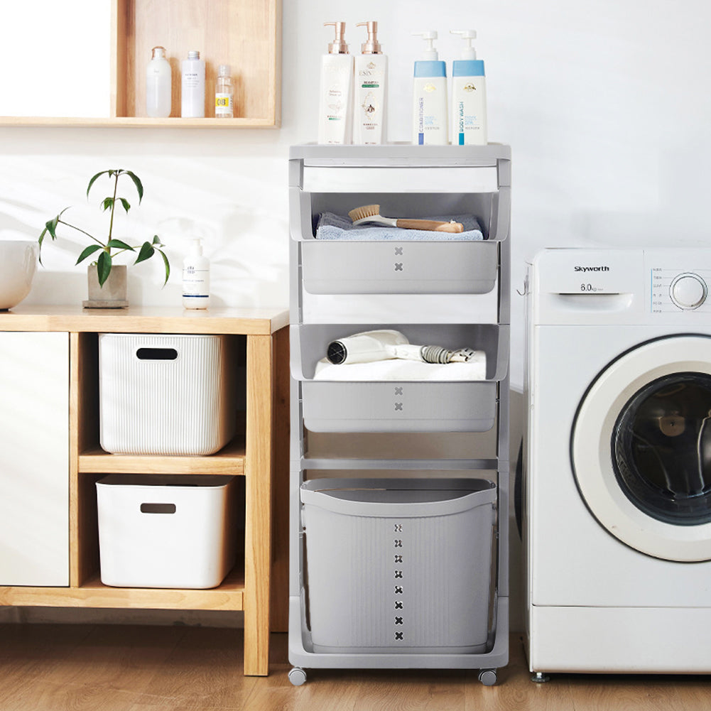 3/4 Tier Storage Rack Laundry Basket With Wheels | Medium | Grey