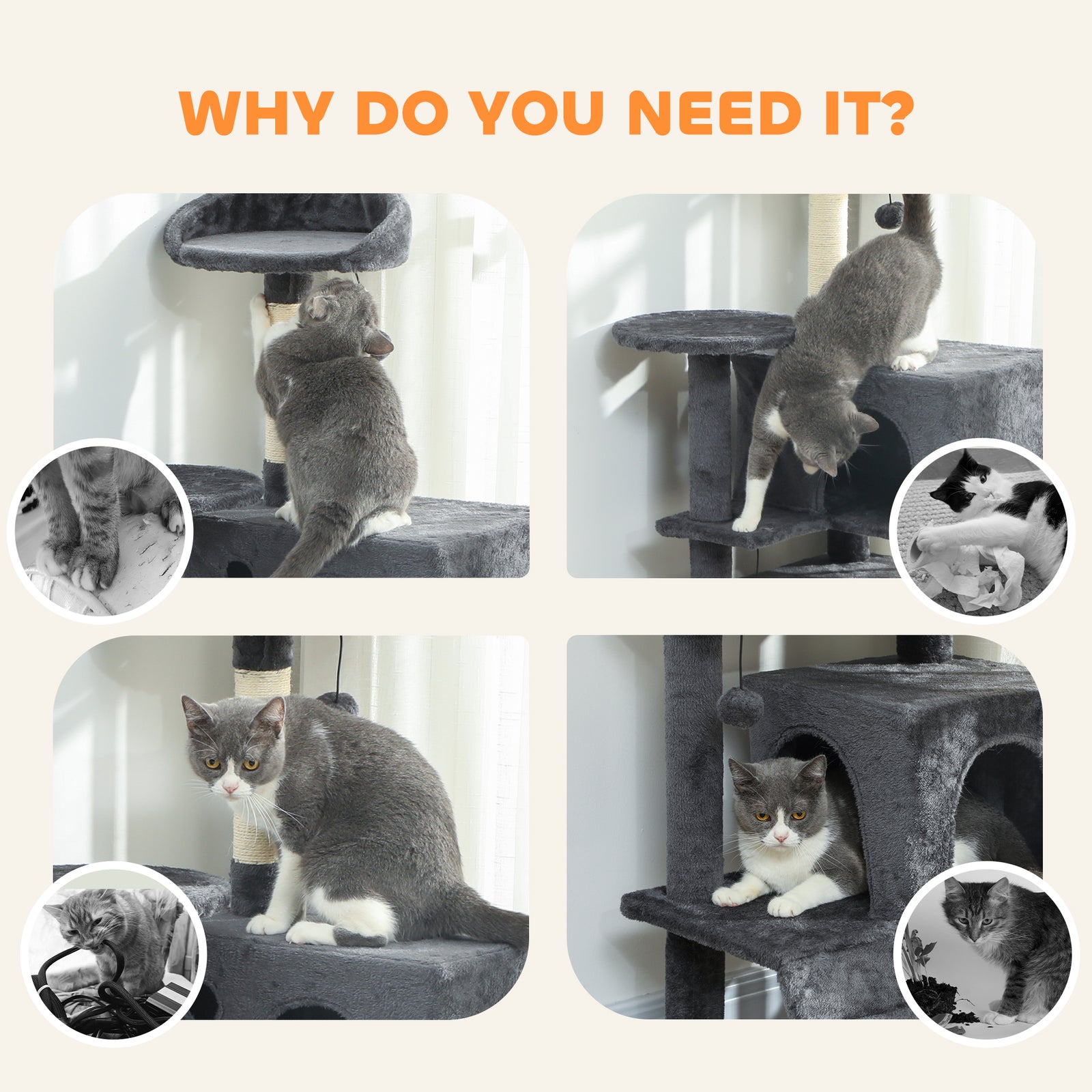 Cat Tree Tower With Sisal Scratching Posts, Condos | 160cm | Dark Grey