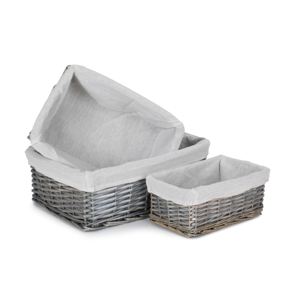 Wicker Antique Wash Storage Basket With White Lining | Set-of-3 | White