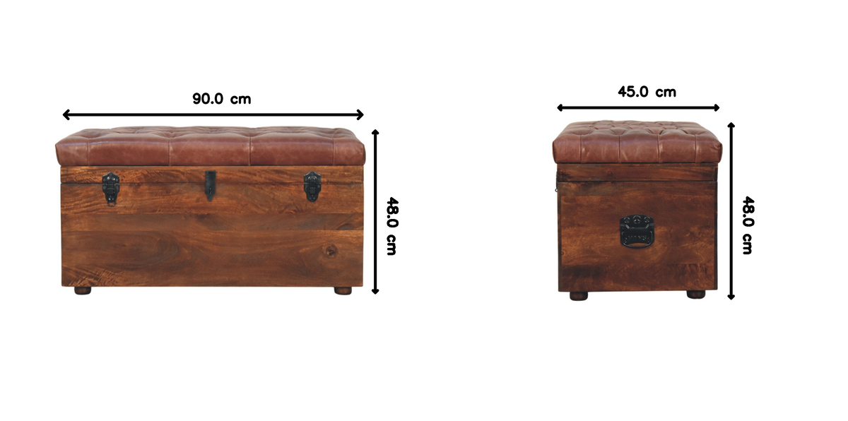 Solid Wood Brown Buffalo Hide Leather Storage Trunk