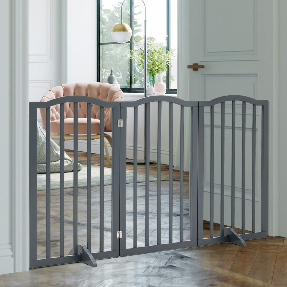 Foldable Freestanding 3/4-panel Arched Pet Gate, Indoor Safety Barrier For Doorways, Halls & Staircases | Small | Grey