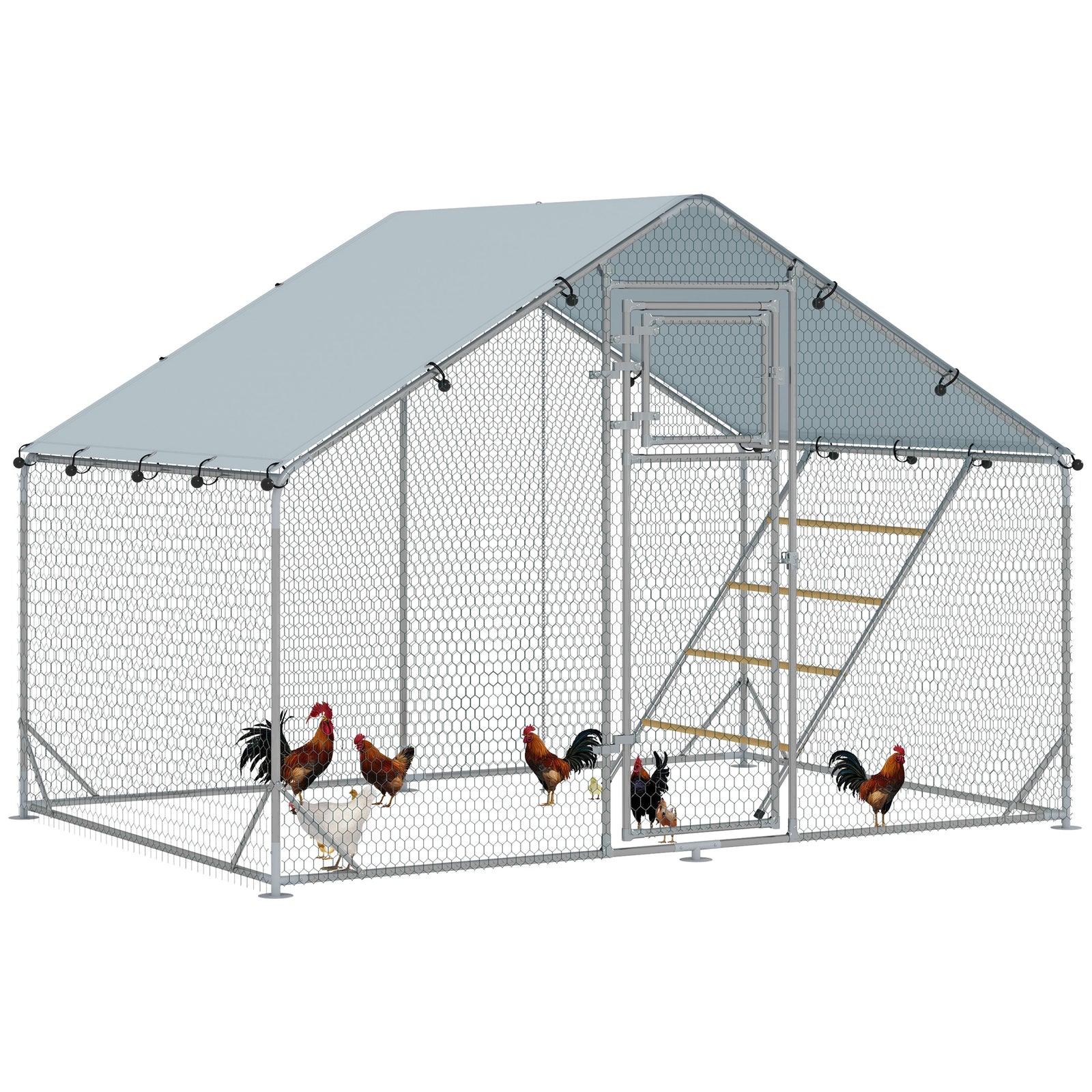 Walk In Chicken Run W/ Cover, Hanging Feeder, Perch | Small | Silver