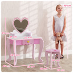 Kids Dressing Table Set, Heart Theme Vanity Table With Stool, Mirror, Drawer