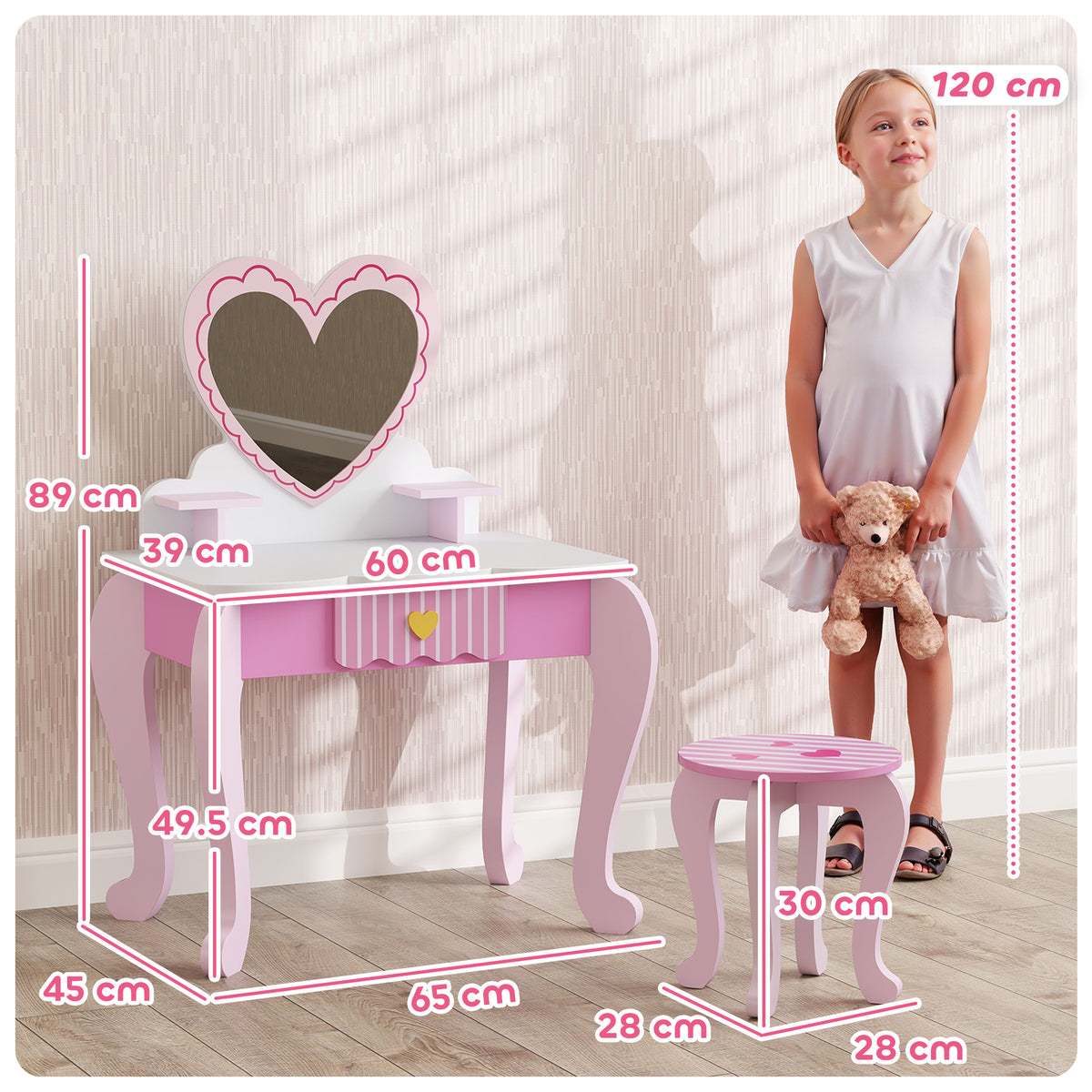 Kids Dressing Table Set, Heart Theme Vanity Table With Stool, Mirror, Drawer