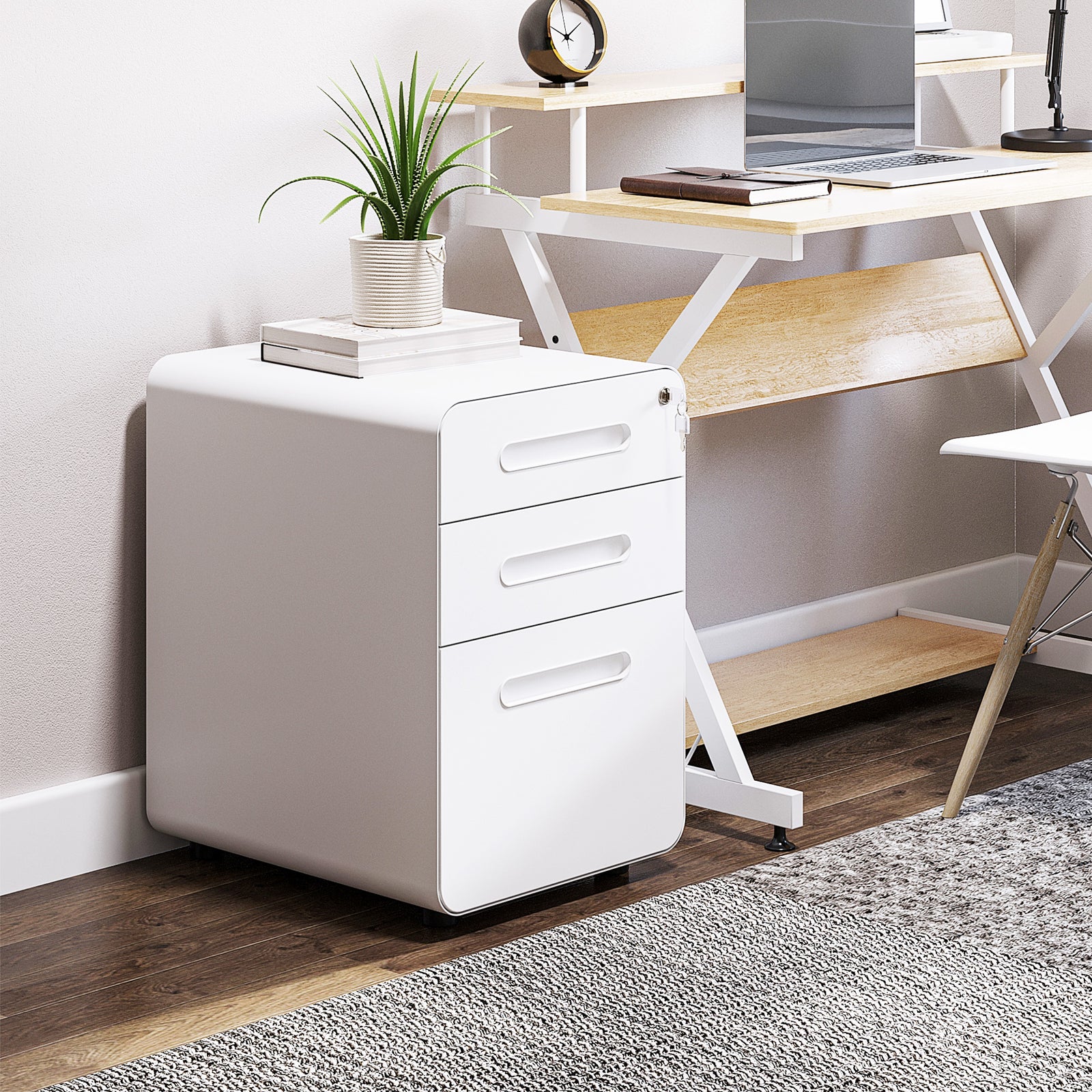 3 Drawer Modern Steel Filing Cabinet With 4 Wheels | One Size | White