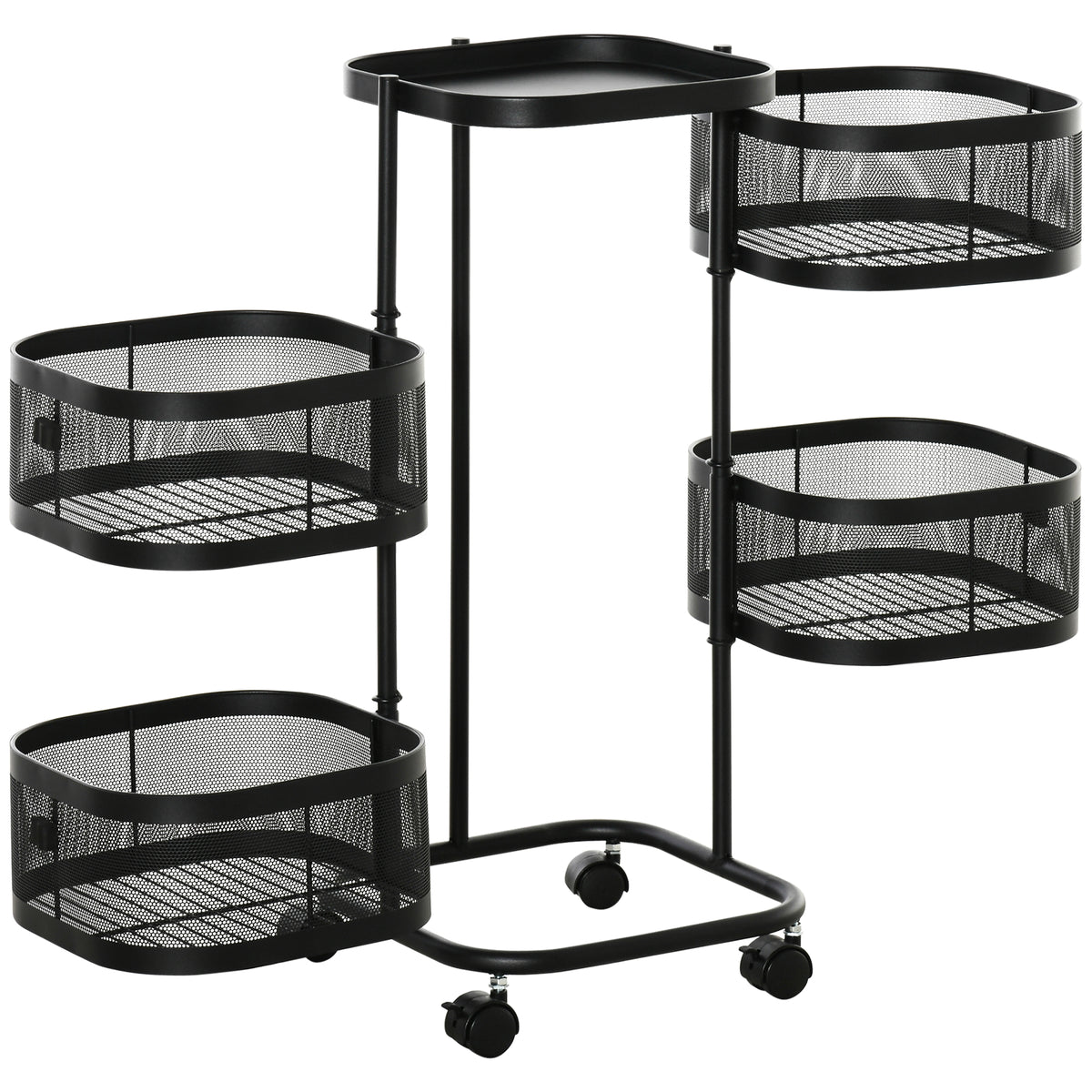 HOMCOM Metal Storage Cart With Top Tray And 4 Mesh Baskets, Black