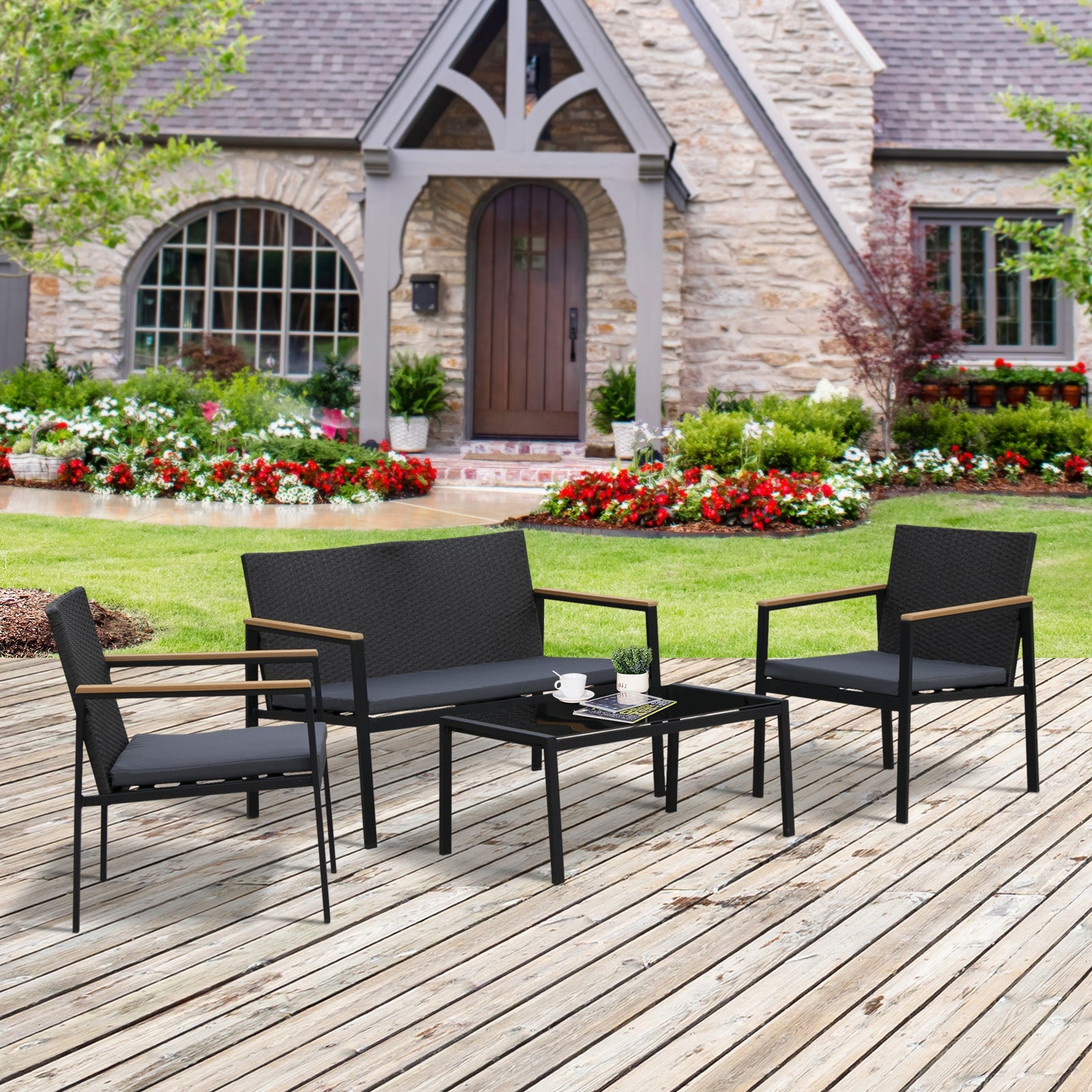 4 Pcs Pe Rattan Furniture Set W/ Cushions Table