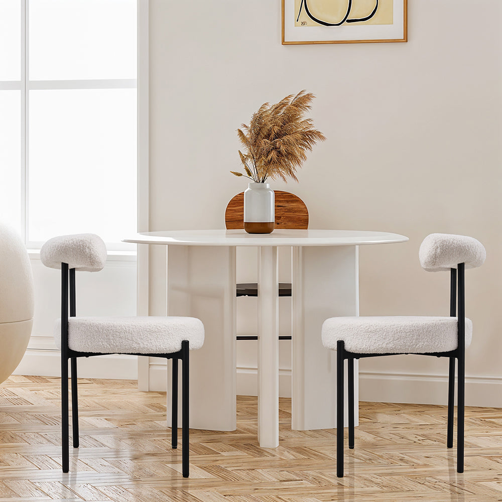 Set Of 2 Sherpa Fleece Dining Chairs With  Backrest And Metal Frame – Soft, Modern, And Cozy Seating For Dining Or Living Spaces | White