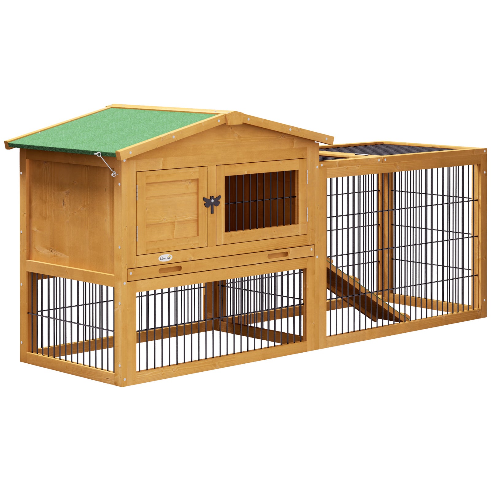 Wooden Rabbit Hutch With Run, Asphalt Roof, Pull-out Tray, Ramp | Yellow