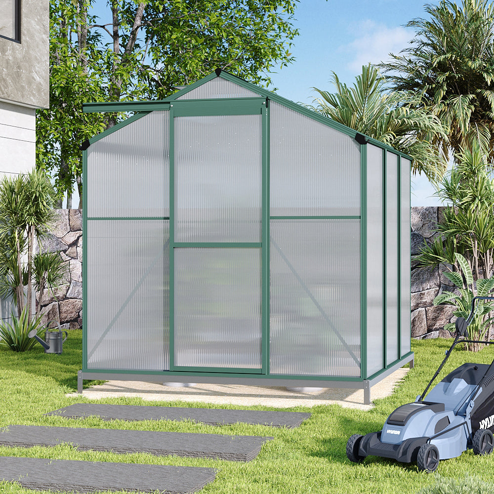 Polycarbonate Greenhouse With Base – Aluminum Frame Walk-in Greenhouse With Sliding Door & Ventilation Window For Plants & Flowers, Green, 6 x 6ft