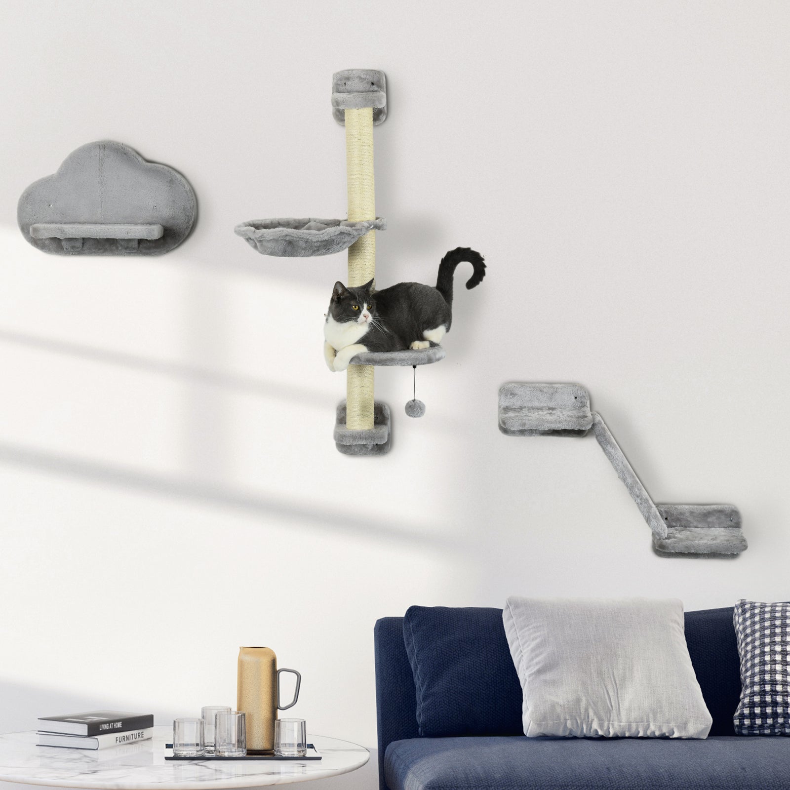 Cat Wall Furniture W/ Hammock, Platforms, Ladder, Scratching Post - Grey