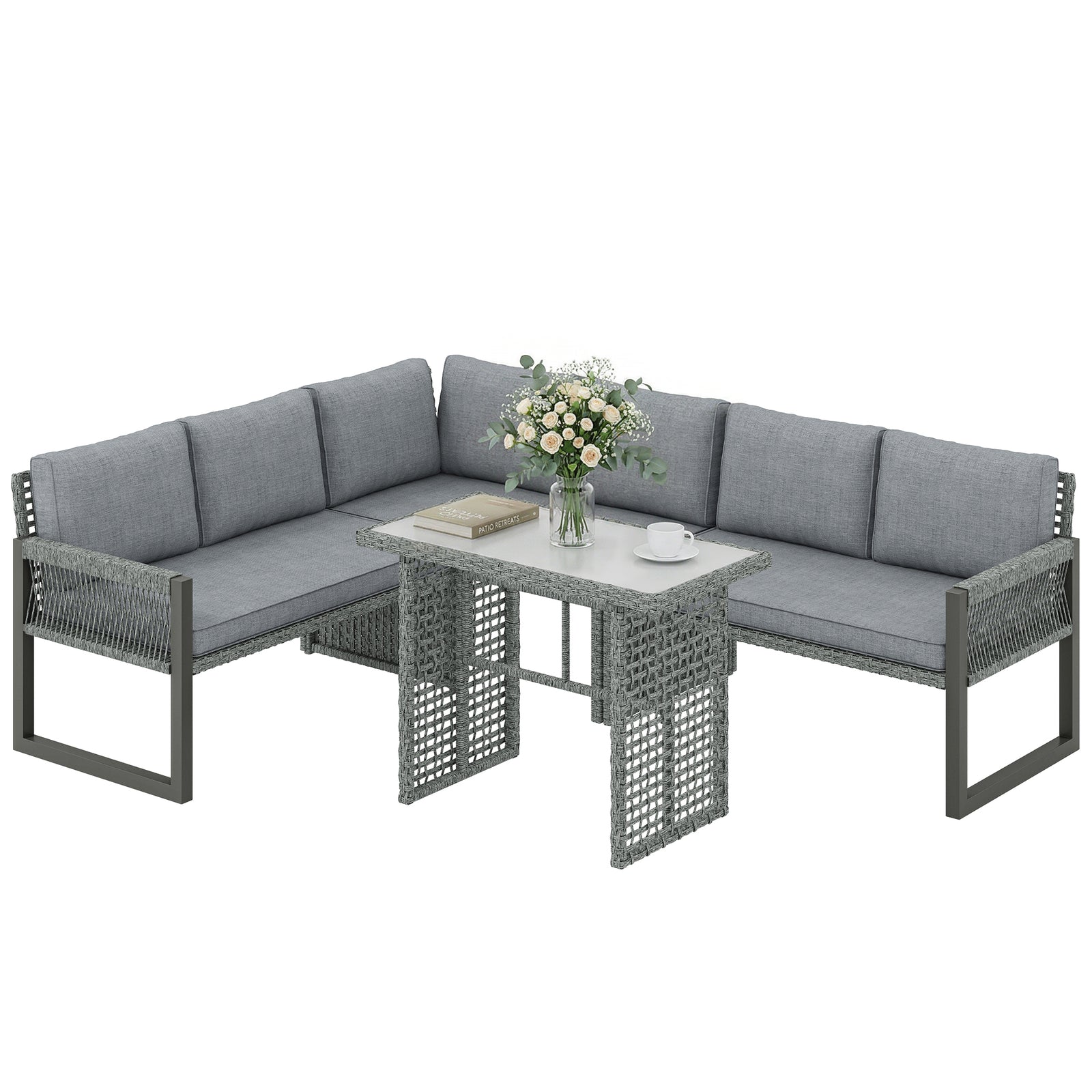 4 Piece Rattan Garden Furniture Set With 3 Loveseats, Table, Grey