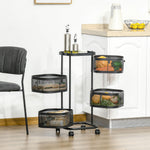 HOMCOM Metal Storage Cart With Top Tray And 4 Mesh Baskets, Black
