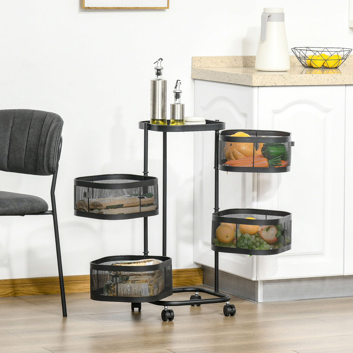 HOMCOM Metal Storage Cart With Top Tray And 4 Mesh Baskets, Black