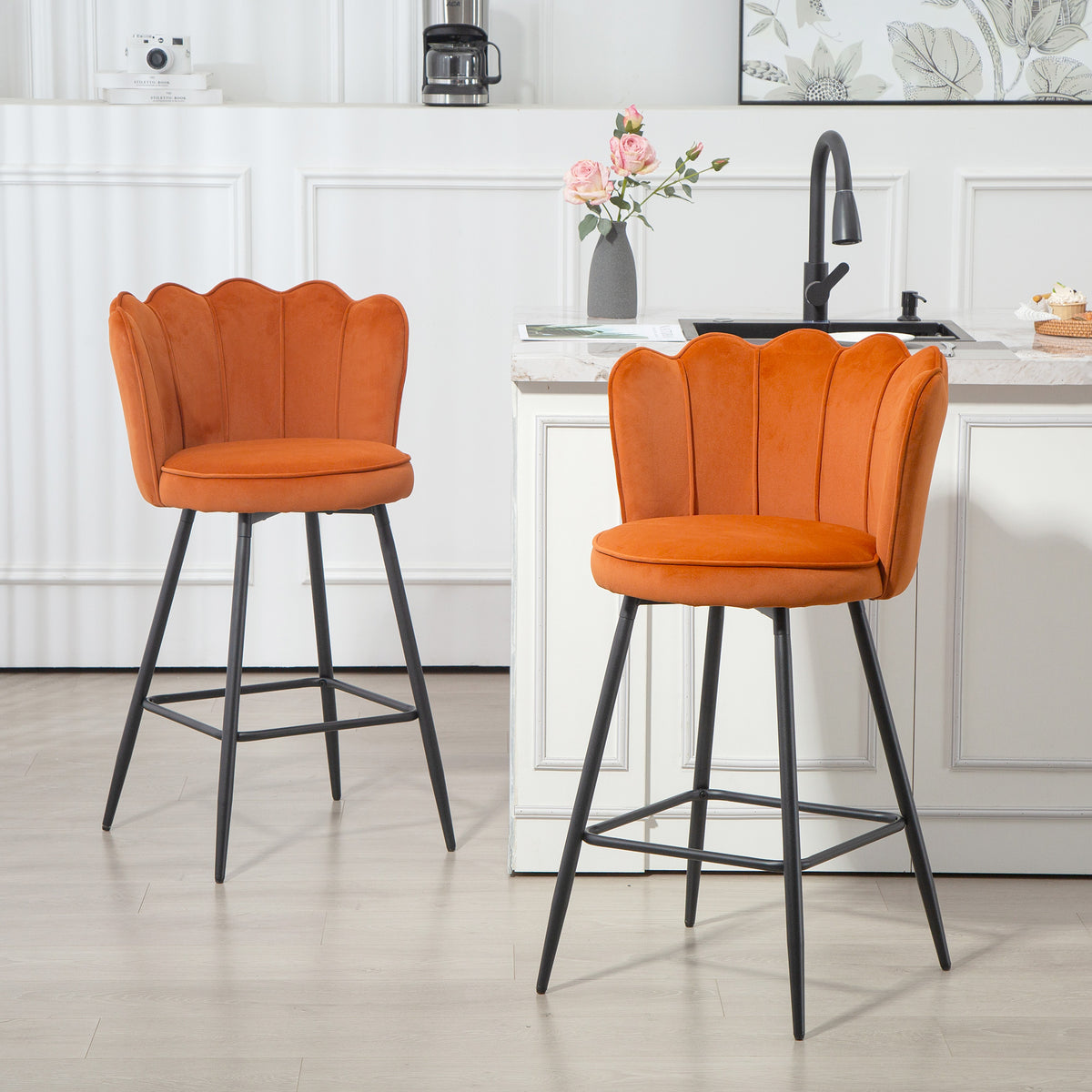 Barstool With Petal Backrest For Kitchen Island | Set of 2 | Orange