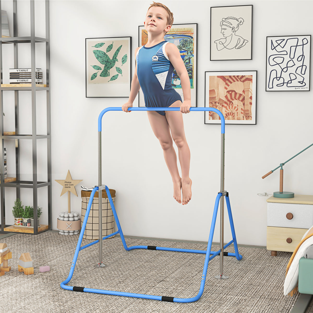 Kids Gymnastic Bar W/ Adjustable Height, Foldable Training Bar | Blue