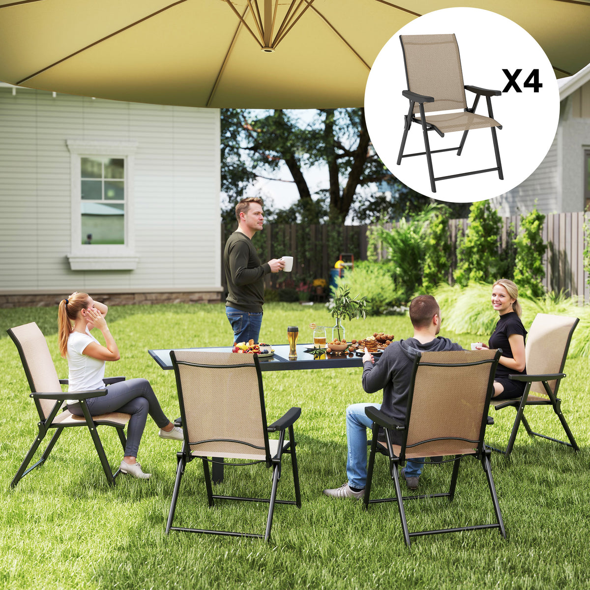 Folding Chair W/ Breathable Mesh Fabric Seat | Set of 4 | Brown