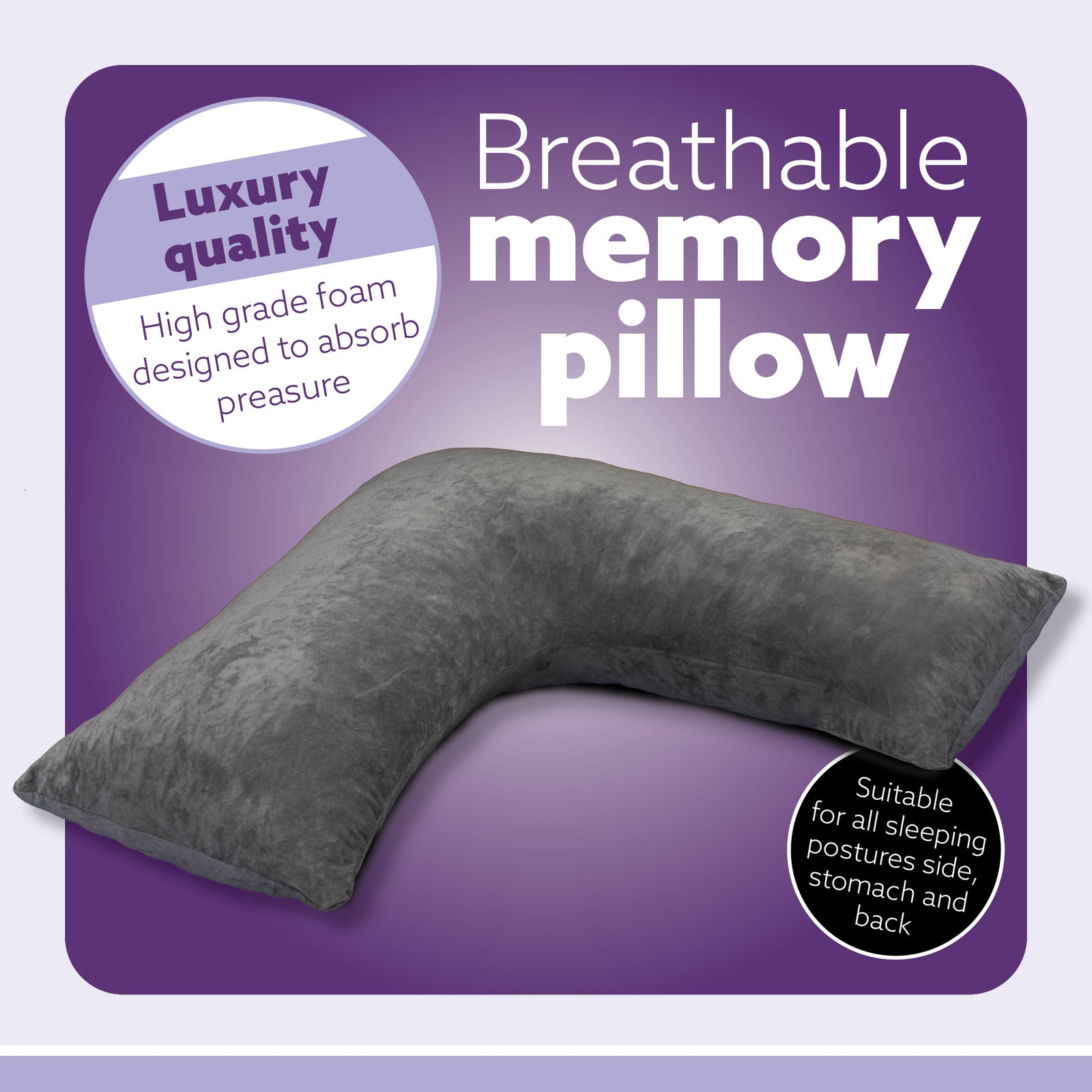 V Shaped Pillow Shredded Orthopaedic Memory Foam, Head, Neck & Back Pregnancy Maternity Support, Washable Cover | V Shape | Grey