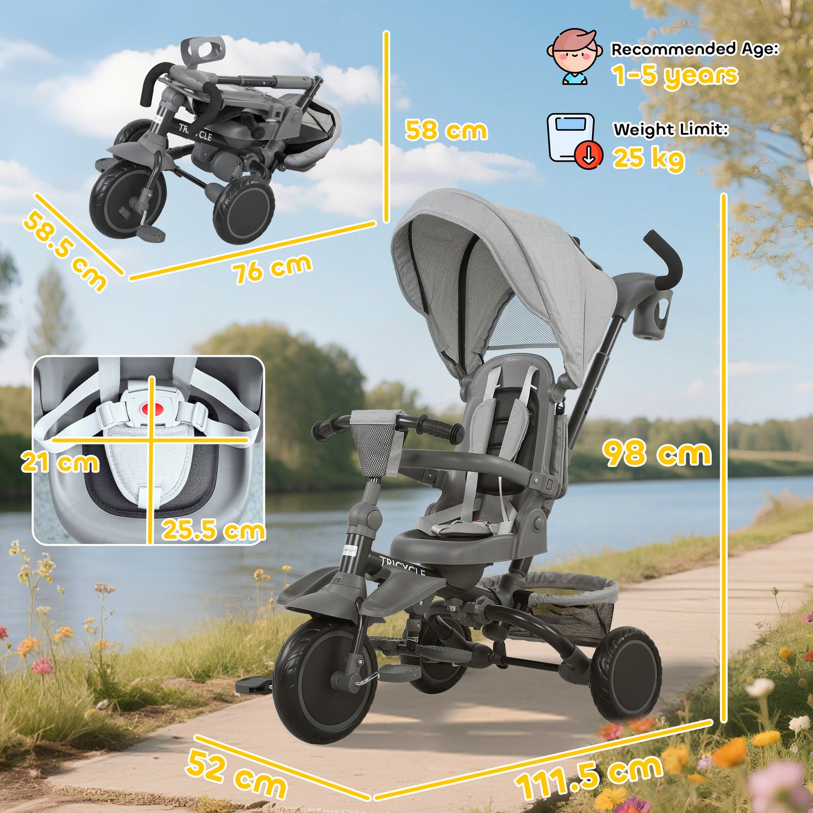 6 In 1 Kids Trike, Toddler Tricycle With Parent Handle | Grey