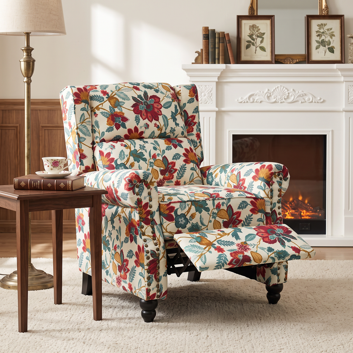 Breeins Floral Linen Upholstered Recliner Chair With Footrest & Adjustable Backrest