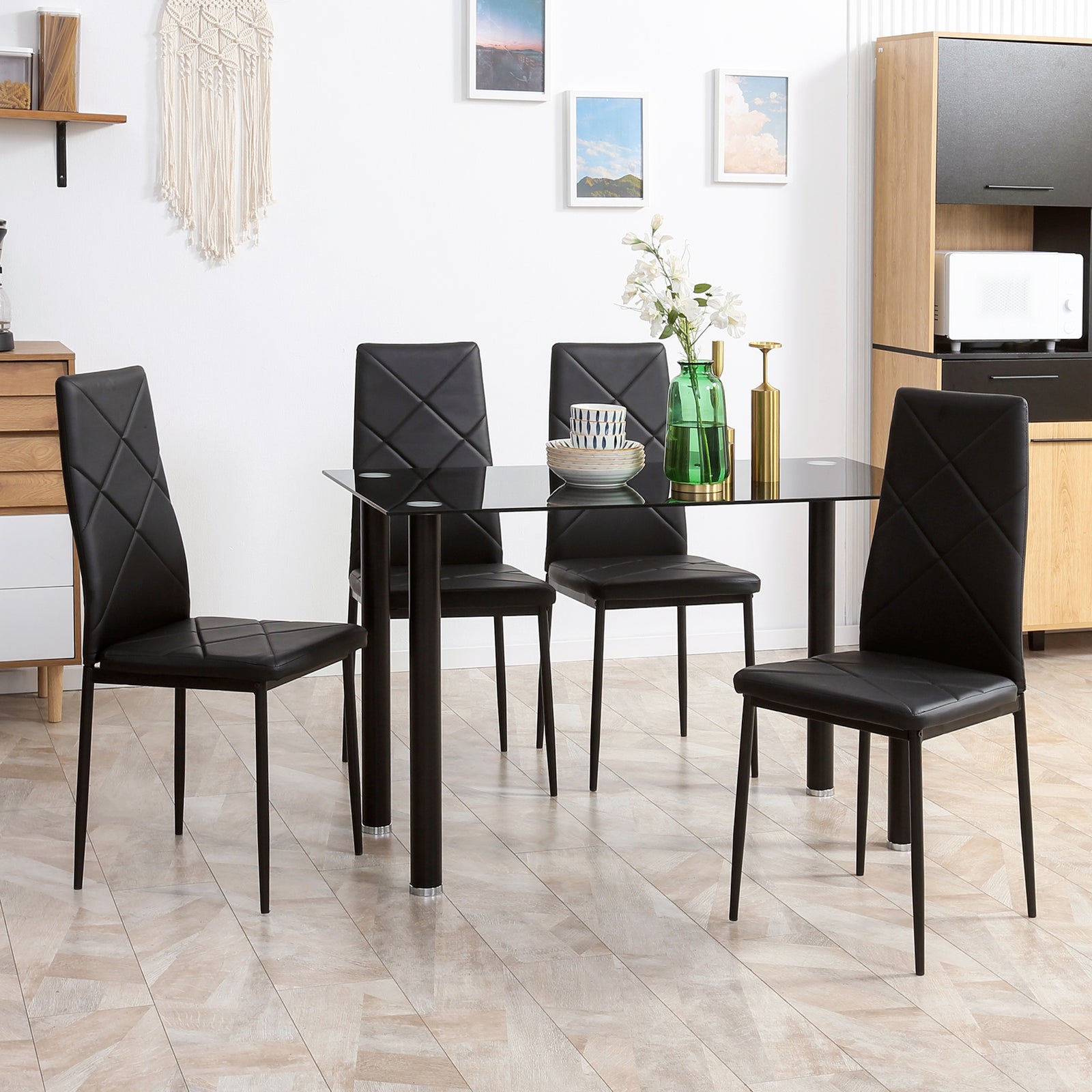 Dining Table Set With Tempered Glass, 4 Chairs