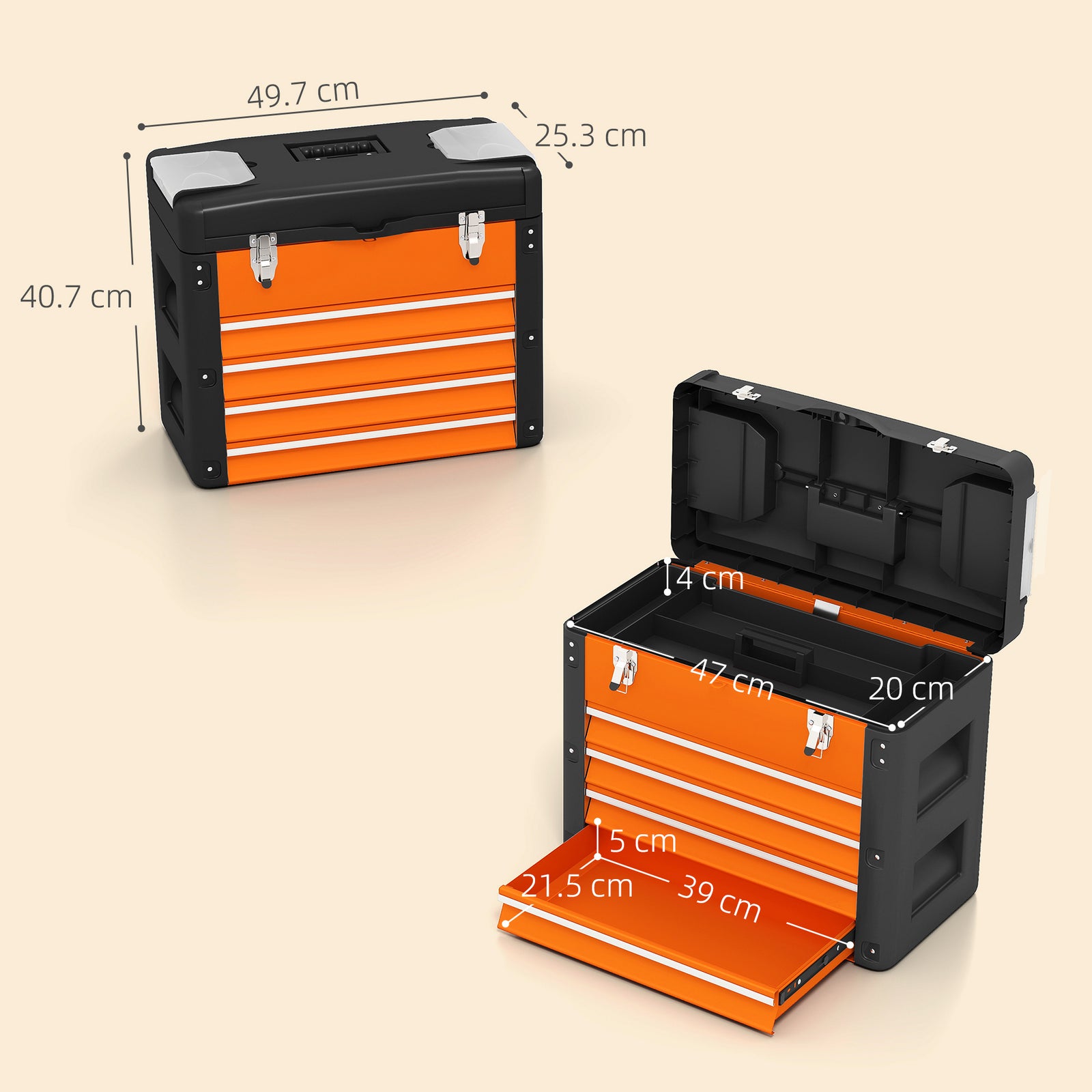 4 Drawers Large Tool Box, Steel Toolbox With Handle | Orange