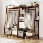Trapezoid Bamboo Garment Rack With Tiered Storage Shelves | Brown